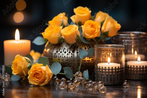 ouquet of yellow roses in vase and burning candles on dark background photo