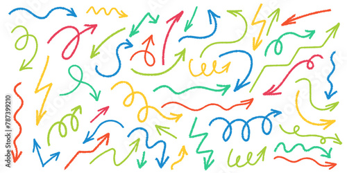 Colorful chalk arrow set. Hand drawn freehand different curved lines, swirls arrows. Vector doodle marker drawing