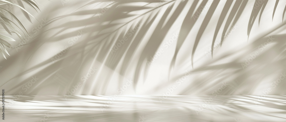 Obraz premium Palm leaf shadow overlay in minimal room. Warm light room for product presentation. Generative AI