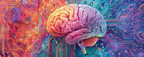 Close-up on a human brain transforming into a colorful artificial intelligence circuit, concept art showcasing the blend of biology and technology