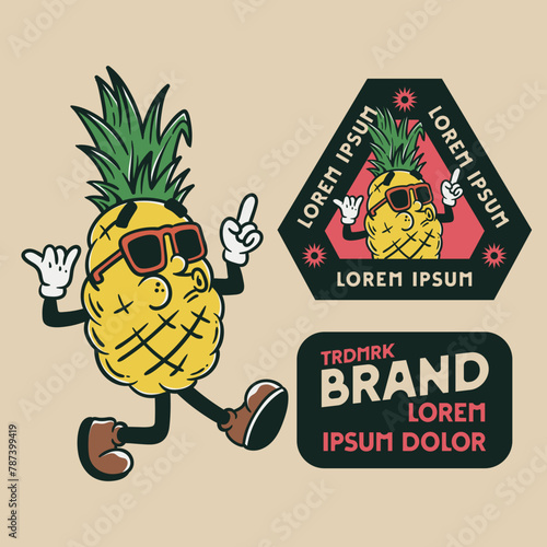 pineapple mascot character, vintage badges design with editable text, mascot cartoon design (ID: 787399419)