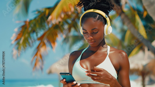 black woman with headphones and phone on the beach