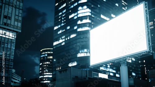 Vertical billboard advertising in the night city Sky glows from the neon illumination of the city Mockup : Generative AI