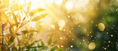 Banner with summer fresh green plant with dewdrops on a bokeh light background. Generative AI