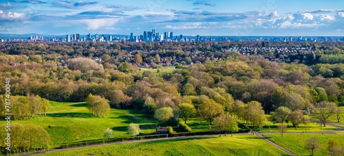 Aerial image of Manchester cityscape shot from Heaton Park during early spring 