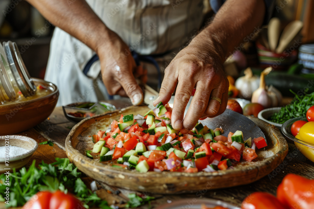 Hands preparing a dish with diced colorful vegetables on a rustic kitchen table, surrounded by ingredients and utensils