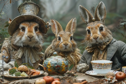 Whimsical tea party scene with Alice, the Mad Hatter, and the March Hare, showcasing the eccentricity and surrealism of Wonderland.  photo