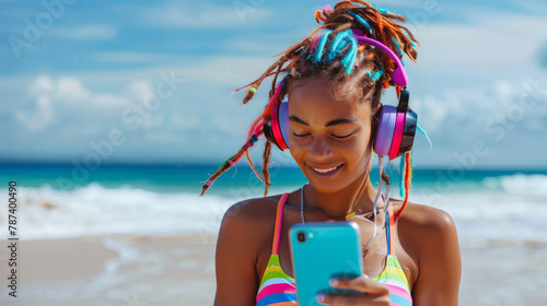 afro woman with colorful dreadlocks with headphones and phone on the beach © tetxu