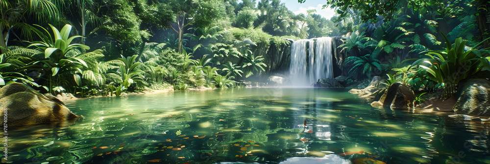 Lush Tropical Rainforest Waterfall, Rocks and Moss Under Fresh Flowing Water, Exotic Green Landscape Lush Tropical Rainforest Waterfall, Rocks and Moss Under Fresh Flowing Water, Exotic Green Landscape