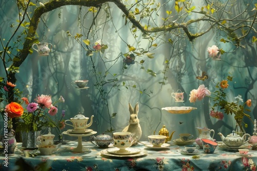 Mad Hatter, March Hare, and Dormouse hosting a tea party at their eccentric table, with cups and saucers suspended mid-air, capturing the whimsy and surrealism of the scene.