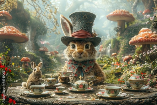 Mad Hatter, March Hare, and Dormouse hosting a tea party at their eccentric table, with cups and saucers suspended mid-air, capturing the whimsy and surrealism of the scene.