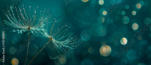 Beautiful banner with glistening dew on dandelion seeds against a Teal bokeh background. Generative AI