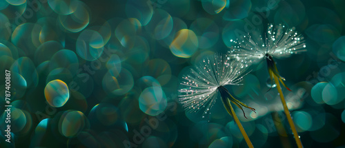 Dew-covered dandelion seeds against a bokeh teal background. Minimal banner with copy space. Generative AI