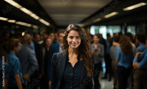 close-up executive woman in dark-colored suit in office hallway surrounded by coworkers