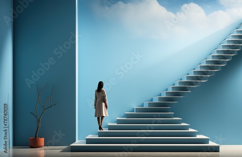 A woman stands at the bottom of a set of stairs, looking up at the sky