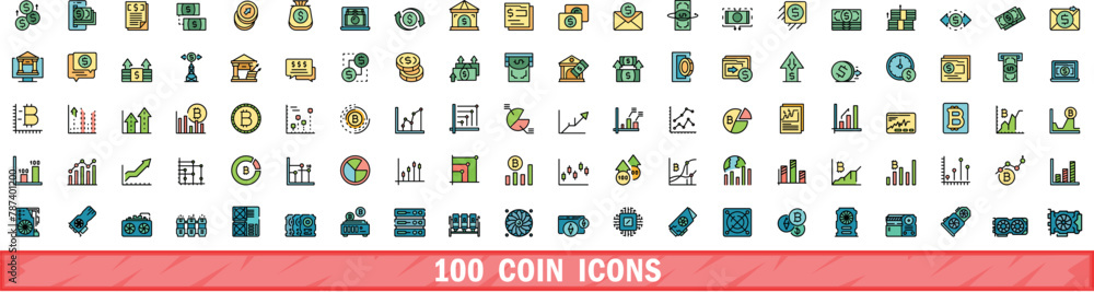 100 coin icons set. Color line set of coin vector icons thin line color flat on white 100 coin icons set. Color line set of coin vector icons thin line color flat on white