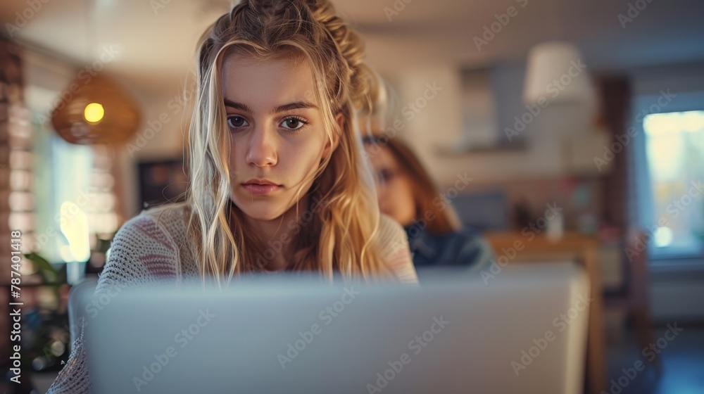 Sad teenage girl sitting with laptop at home, her parents in background. Teen scrolling through social media on phone screen. Internet addiction in kids and adults. Generative ai Sad teenage girl sitting with laptop at home, her parents in background. Teen scrolling through social media on phone screen. Internet addiction in kids and adults. Generative ai