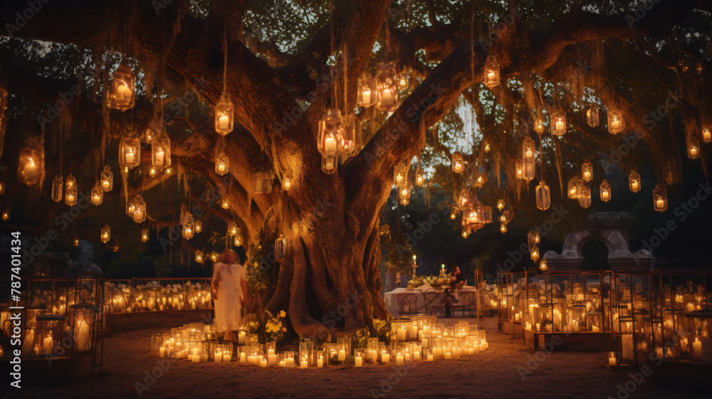 Night wedding ceremony with a lot of vintage lamps