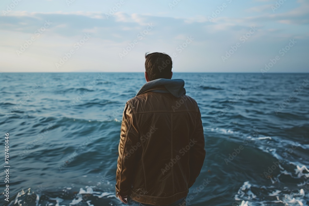 Man with leather jacket looking at the sea Man with leather jacket looking at the sea