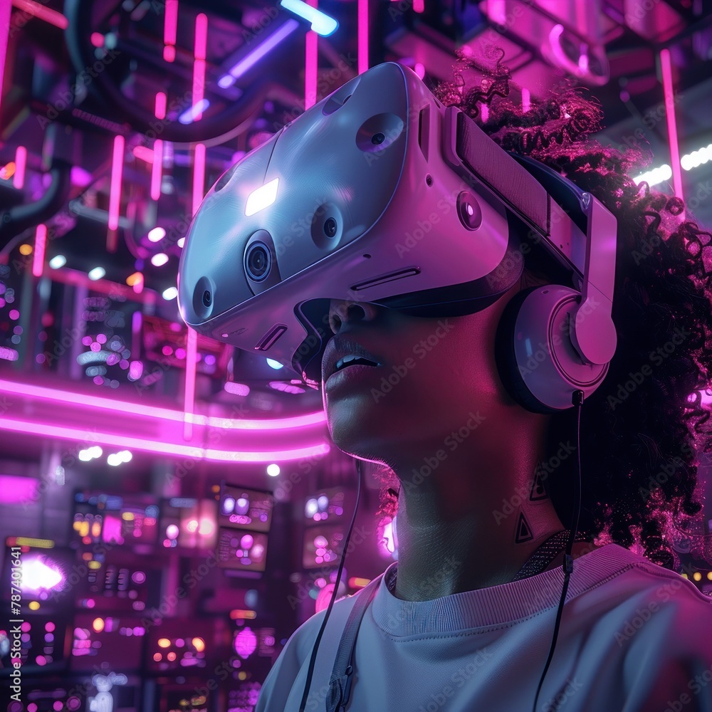 Fototapeta premium A woman wearing a virtual reality headset is looking at a computer screen