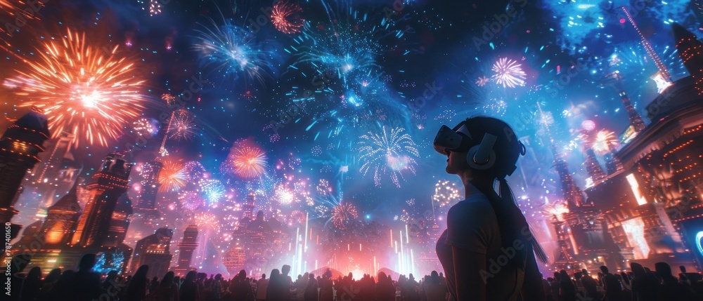 A woman stands in front of a crowd of people, watching fireworks