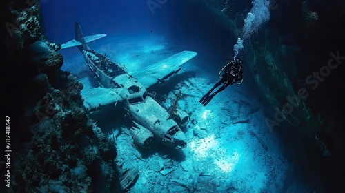 A striking image of the sunken plane, an underwater monument to the mysteries and tragedies of the deep