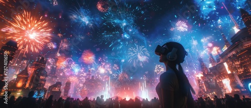 A woman stands in front of a crowd of people, watching fireworks
