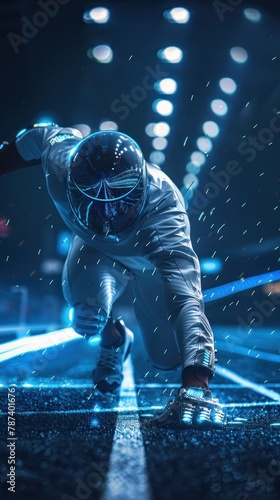 A man in a white outfit is running on a track with lights in the background
