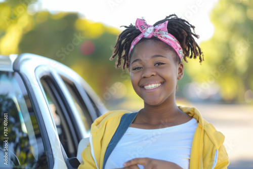 A thrilled teenage girl stands by her new car, celebrating her newly acquired driver's license
