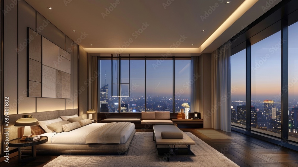 Fototapeta premium The second image displays a modern and sleek bedroom with floortoceiling smart glass windows. The windows are set to opacity allowing natural light to flood the room while providing .