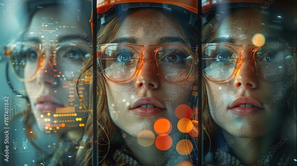 A woman wearing orange glasses is looking at the camera A woman wearing orange glasses is looking at the camera