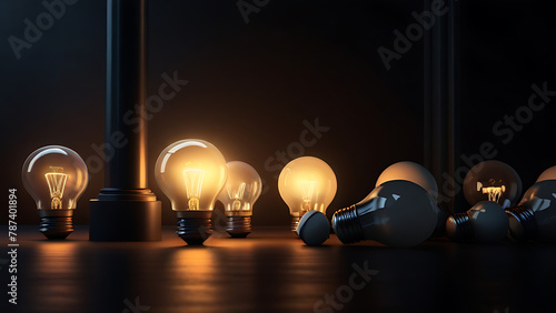 One Lightbulb glowing among shutdown light bulb in dark area with copy space, problem solving solution and outstanding concept by 3d render, black