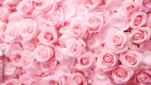 Background of fresh pink roses with delicate petals. Full frame. Top view of rose flowers. Studio shot of flowers.