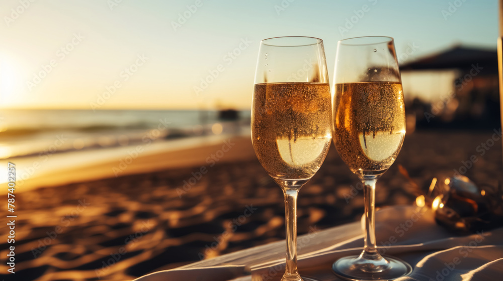 Two glasses of champagne on the beach at sunset with sea on the background. Romantic evening on the sand, by the sea.