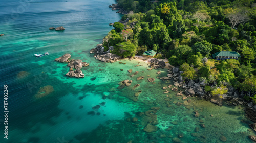 Discover the tranquil beauty of a tropical island escape  where clear waters  lush jungles  and diverse marine ecosystems invite relaxation and adventure.
