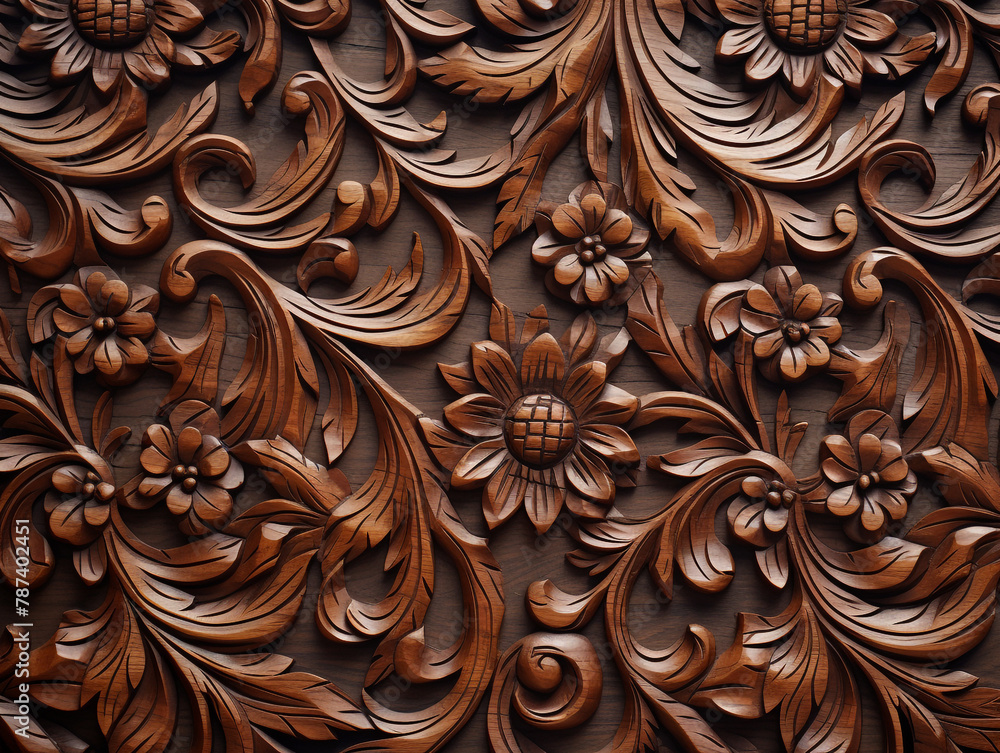A wooden carving of a flower and leaves motif with a leafy border. Carving is done carefully and high quality. A wooden carving of a flower and leaves motif with a leafy border. Carving is done carefully and high quality.