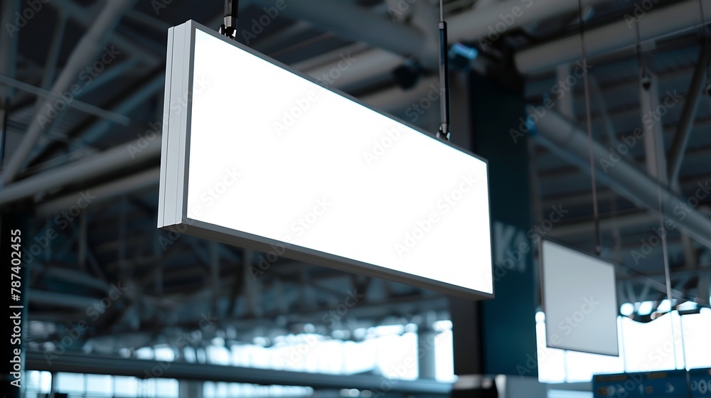 Blank white signage suspended from the ceiling in the airport terminal Mock up : Generative AI Blank white signage suspended from the ceiling in the airport terminal Mock up : Generative AI