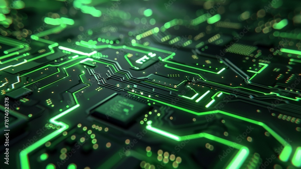 A circuit board with highlighted pathways glowing green, representing the secure flow of information within a technological system. A circuit board with highlighted pathways glowing green, representing the secure flow of information within a technological system.