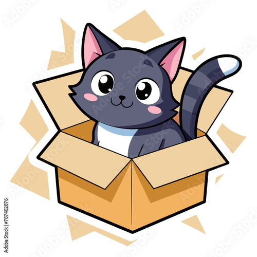 Sticker of a cat peeking mischievously out of a partially opened cardboard box, surrounded by torn wrapping paper