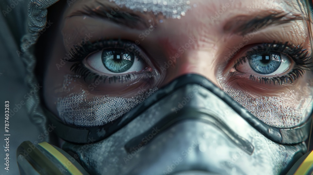 A close-up of a person wearing a pollution mask, their eyes filled with concern, highlighting the need for protection against dust.
