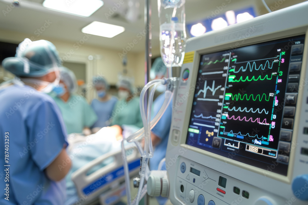 A surgical team focused on a procedure, with patient monitoring equipment in the background A surgical team focused on a procedure, with patient monitoring equipment in the background