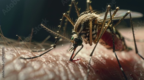 A close-up photo of a mosquito perched on human skin, with its proboscis extended ready to bite, and a droplet of blood visible.