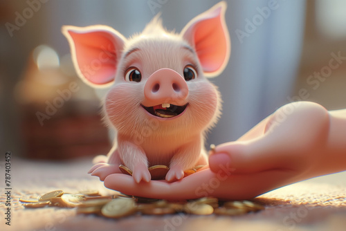 Small Pig Sitting on Pile of Coins photo