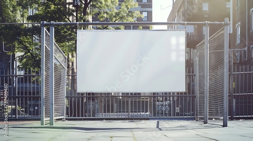 large blank white poster with mockup space hanging on metal fence of play ground outside : Generative AI photo