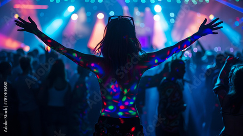 A woman with fluorescent bodypainting seen from back in a music event, dancing in neon color lights photo