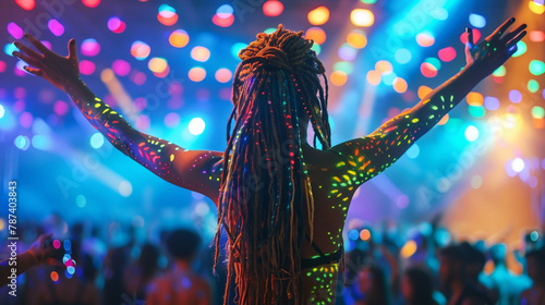 A woman seen from back in a music event, dancing in neon color lights photo