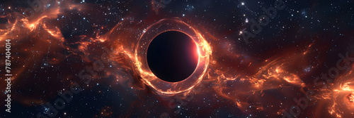 Black hole illustration in outer space. Supermassive singularity Exploding supernova illuminates multi colored galaxy in deep space.