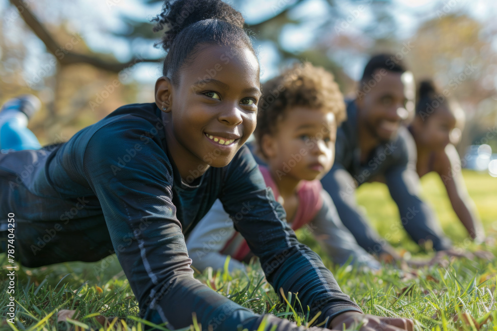 A family engages in bodyweight exercises together in a park, emphasizing health and togetherness A family engages in bodyweight exercises together in a park, emphasizing health and togetherness