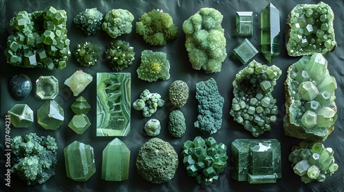 AI-generated illustration of a variety of green gemstones on a table photo