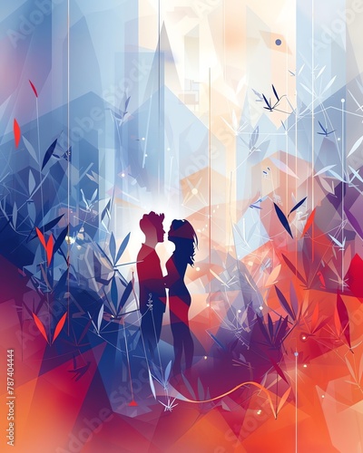 Craft a visually striking composition of two figures sharing a tender moment amidst the chaos of an urban jungle from a top-down perspective Play with complementary colors to enhance the emotional dep photo